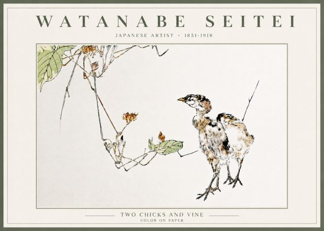 Watanabe Seitei Two Chicks and Vine No5 - Plakát