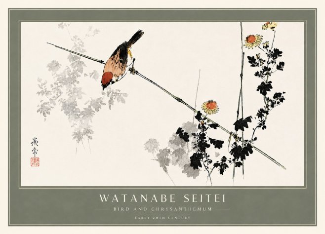 Watanabe Seitei Bird and Chrysanthemum No6 - Plakát