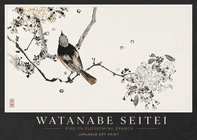 Watanabe Seitei Bird on Blossoming Branch No6 - Plakát