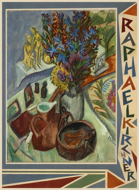 Raphael Kirchner Still Life with Blue Flowers and Figurines No2 - Plakát