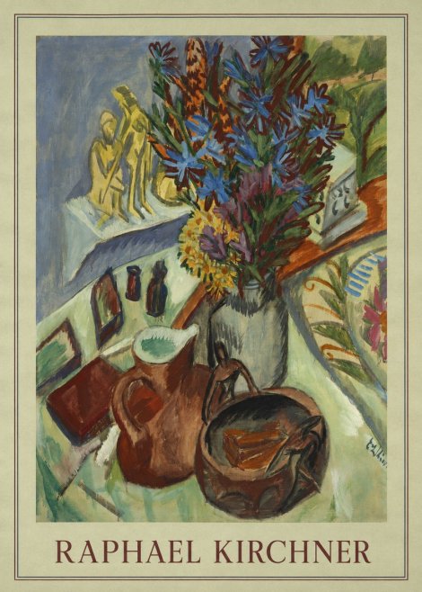 Raphael Kirchner Still Life with Blue Flowers and Figurines No3 - Plakát