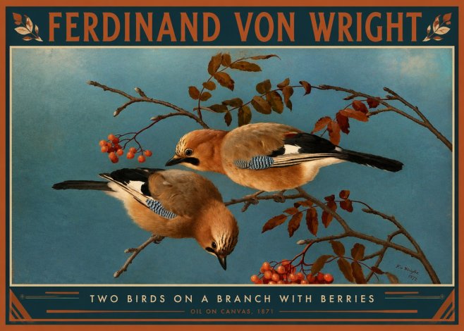 Ferdinand von Wright Two Birds on a Branch with Berries, 1871 No2 - Plakát