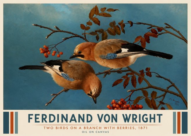 Ferdinand von Wright Two Birds on a Branch with Berries, 1871 No3 - Plakát