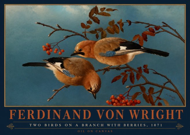 Ferdinand von Wright Two Birds on a Branch with Berries, 1871 No4 - Plakát