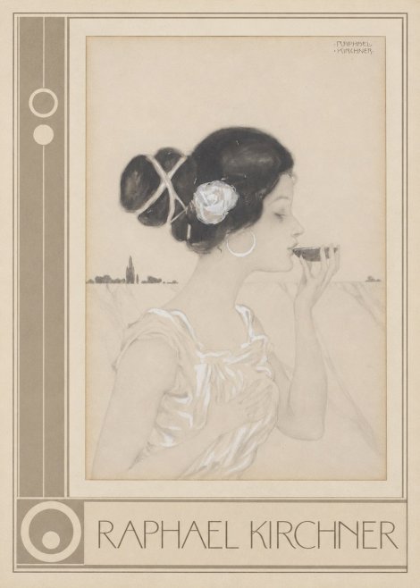 Raphael Kirchner Elegant Lady with Rose and Cup No3 - Plakát