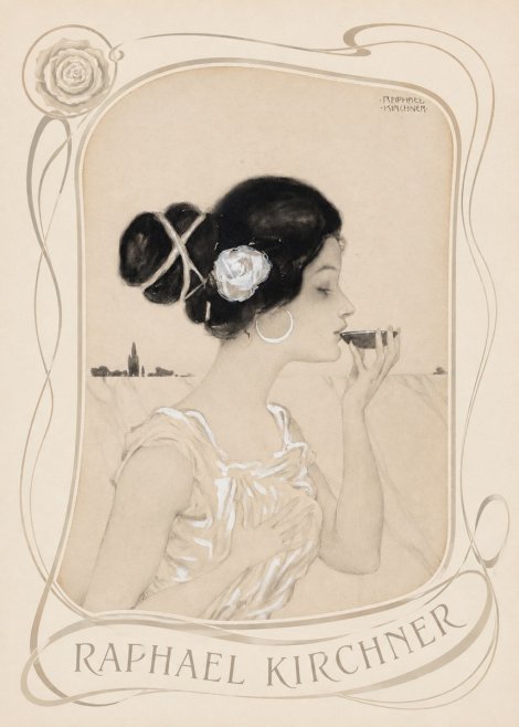 Raphael Kirchner Elegant Lady with Rose and Cup No4 - Plakát