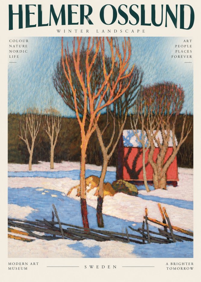 Helmer Osslund Winter Landscape with Red Barn No6 - Plakát