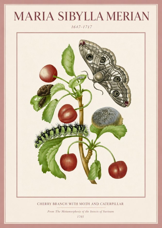 Maria Sibylla Merian Cherry Branch with Moth and Caterpillar No3 - Plakát