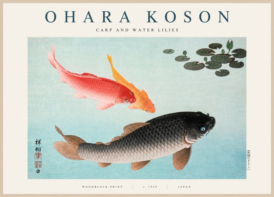Ohara Koson Carp and Water Lilies No1 - Plakát