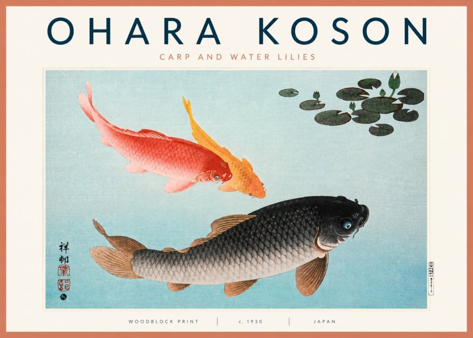 Ohara Koson Carp and Water Lilies No3 - Plakát
