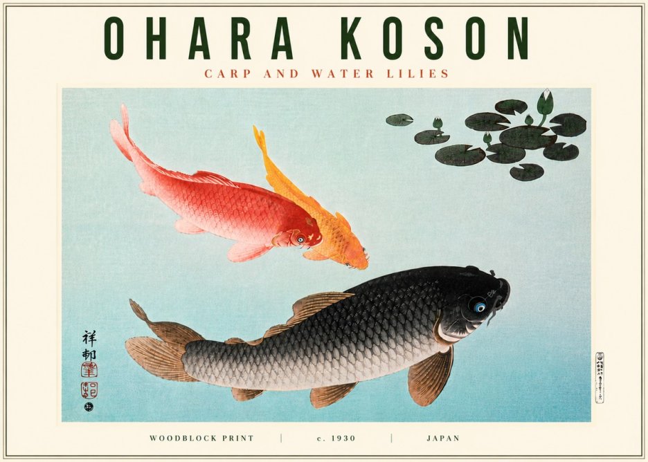 Ohara Koson Carp and Water Lilies No6 - Plakát