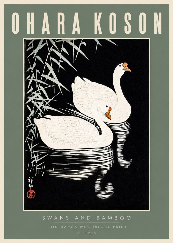 Ohara Koson Swans and Bamboo No2 - Plakát