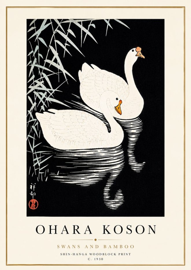 Ohara Koson Swans and Bamboo No5 - Plakát