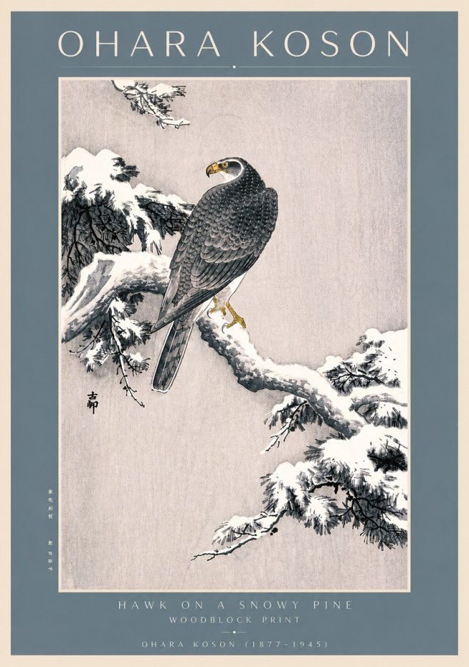 Ohara Koson Hawk on a Snowy Pine No4 - Plakát