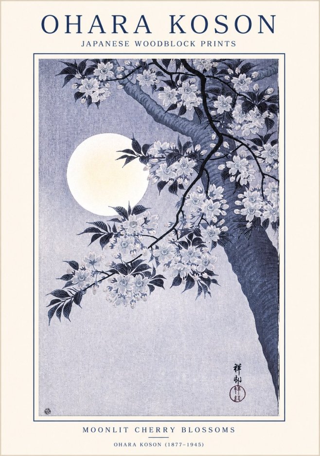 Ohara Koson Moonlit Cherry Blossoms No1 - Plakát