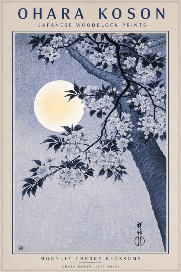 Ohara Koson Moonlit Cherry Blossoms No4 - Plakát