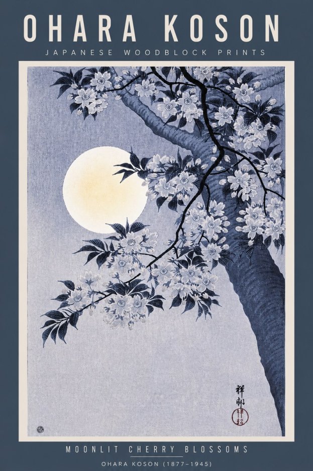Ohara Koson Moonlit Cherry Blossoms No5 - Plakát