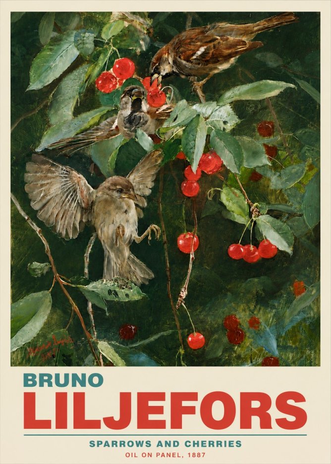 Bruno Liljefors Sparrows and Cherries No5 - Plakát