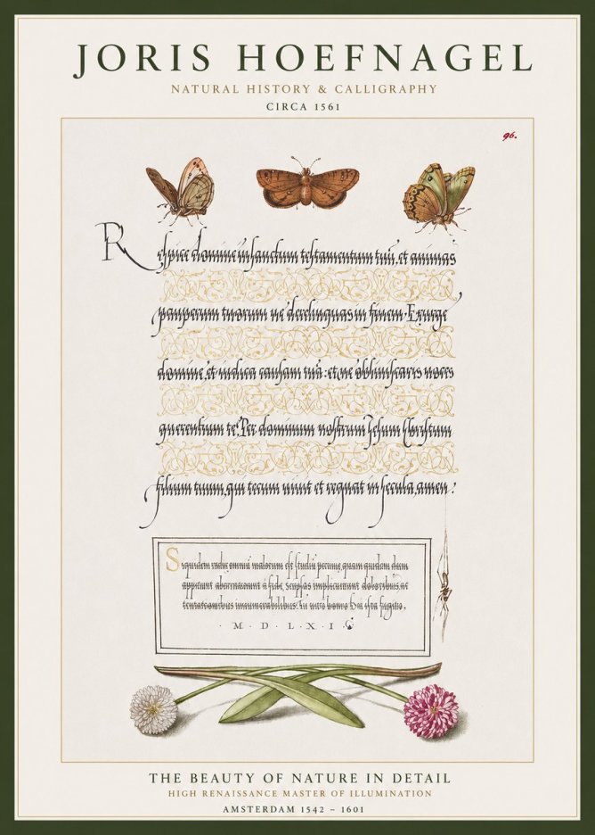 Joris Hoefnagel Butterflies, Flowers and Calligraphy Page No1 - Plakát