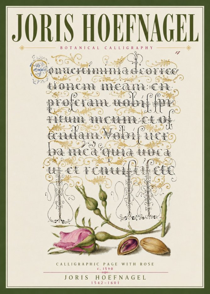 Joris Hoefnagel Calligraphic Page with Rose No3 - Plakát