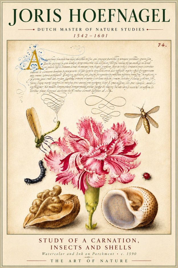 Joris Hoefnagel Study of a Carnation, Insects and Shells No6 - Plakát