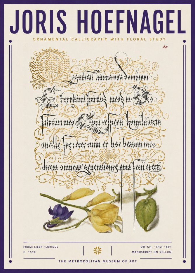 Joris Hoefnagel Ornamental Calligraphy with Floral Study No3 - Plakát
