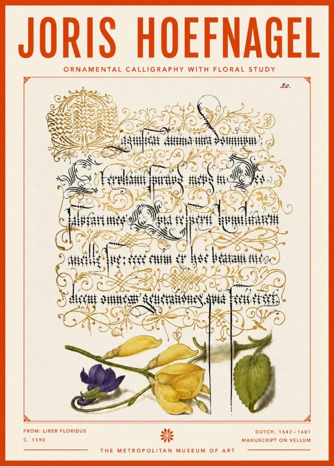 Joris Hoefnagel Ornamental Calligraphy with Floral Study No4 - Plakát