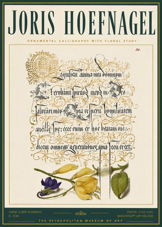 Joris Hoefnagel Ornamental Calligraphy with Floral Study No5 - Plakát