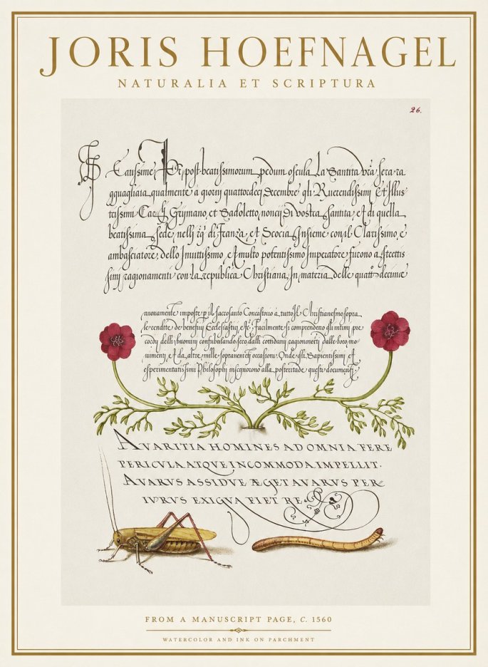 Joris Hoefnagel Illuminated Page with Flowers, Insects & Latin Script No2 - Plakát