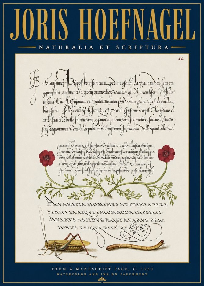 Joris Hoefnagel Illuminated Page with Flowers, Insects & Latin Script No4 - Plakát