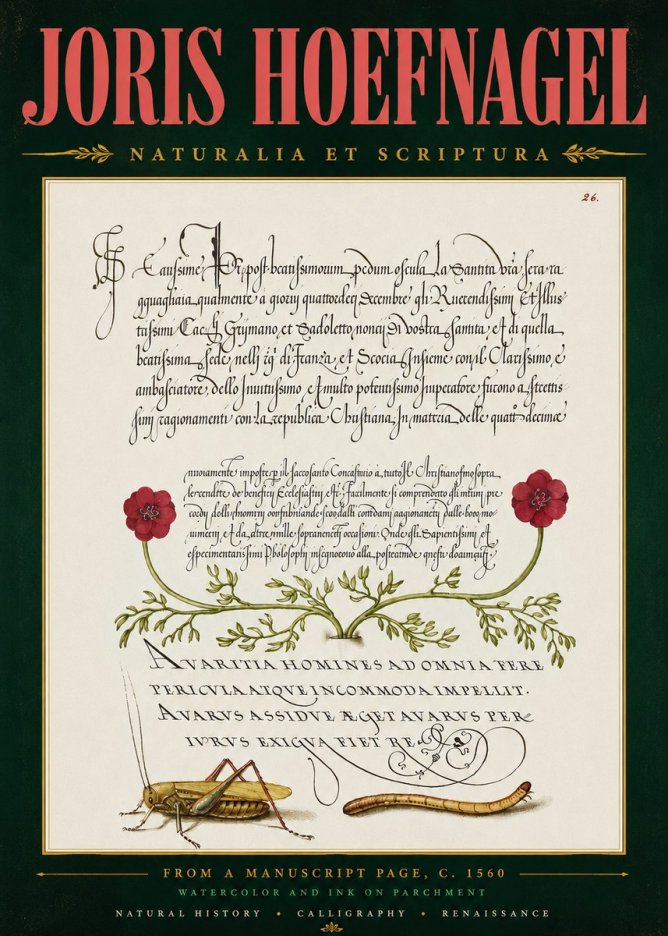 Joris Hoefnagel Illuminated Page with Flowers, Insects & Latin Script No5 - Plakát