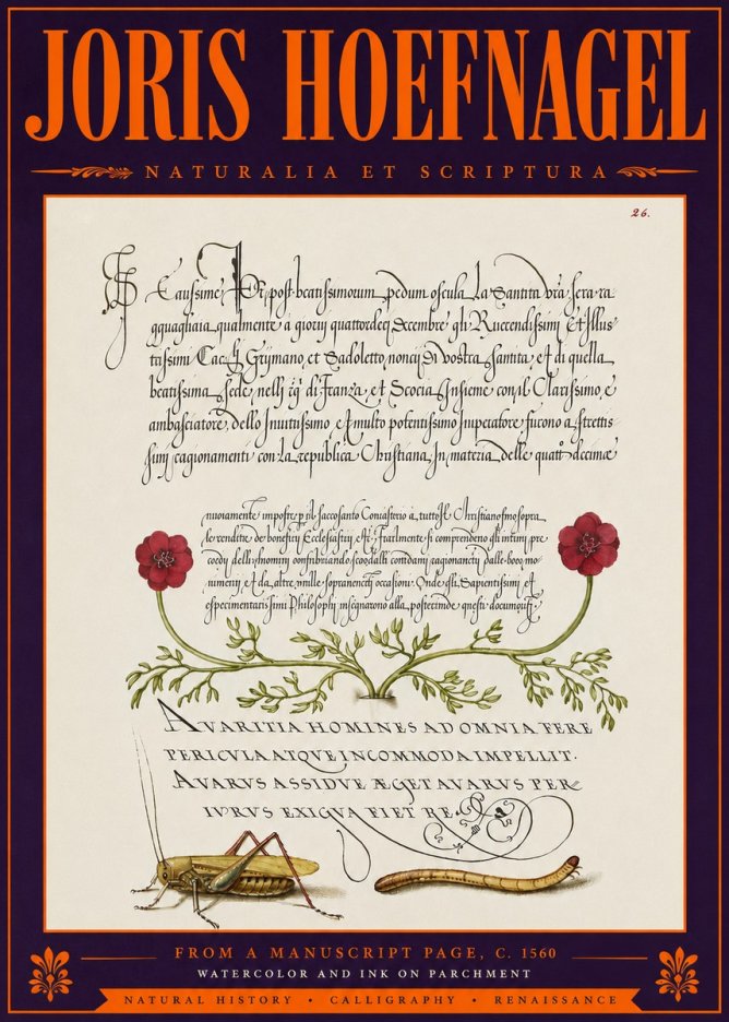 Joris Hoefnagel Illuminated Page with Flowers, Insects & Latin Script No6 - Plakát