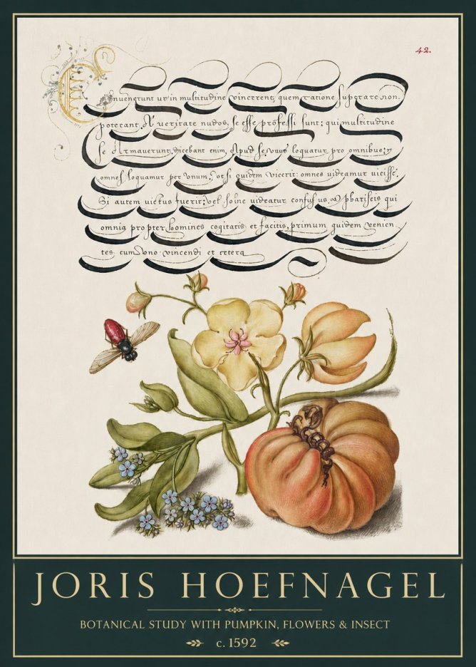 Joris Hoefnagel Botanical Study with Pumpkin, Flowers & Insect No3 - Plakát
