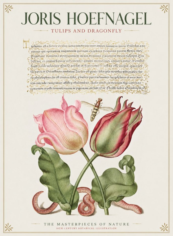 Joris Hoefnagel Two Tulips with Caterpillars and Dragonfly No2 - Plakát