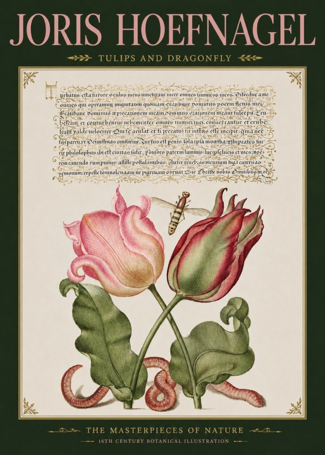Joris Hoefnagel Two Tulips with Caterpillars and Dragonfly No5 - Plakát