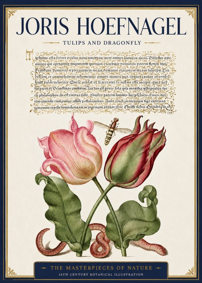 Joris Hoefnagel Two Tulips with Caterpillars and Dragonfly No6 - Plakát