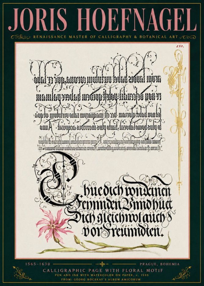 Joris Hoefnagel Calligraphy with Floral Ornament No6 - Plakát