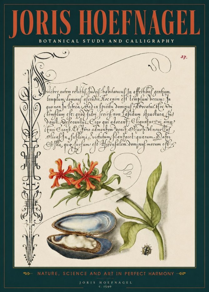 Joris Hoefnagel Botanical Study and Calligraphic Page No2 - Plakát