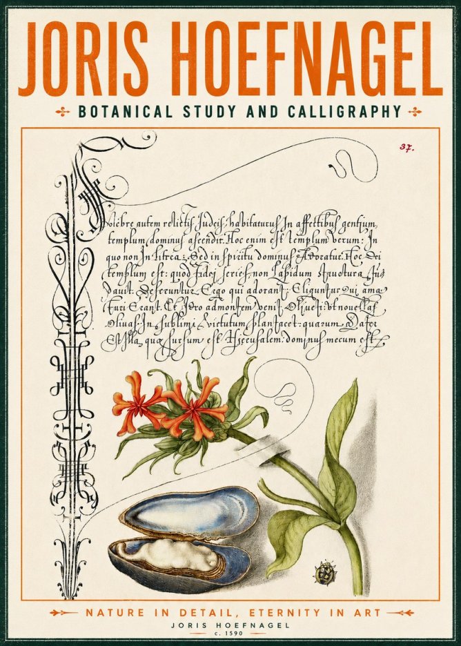 Joris Hoefnagel Botanical Study and Calligraphic Page No4 - Plakát
