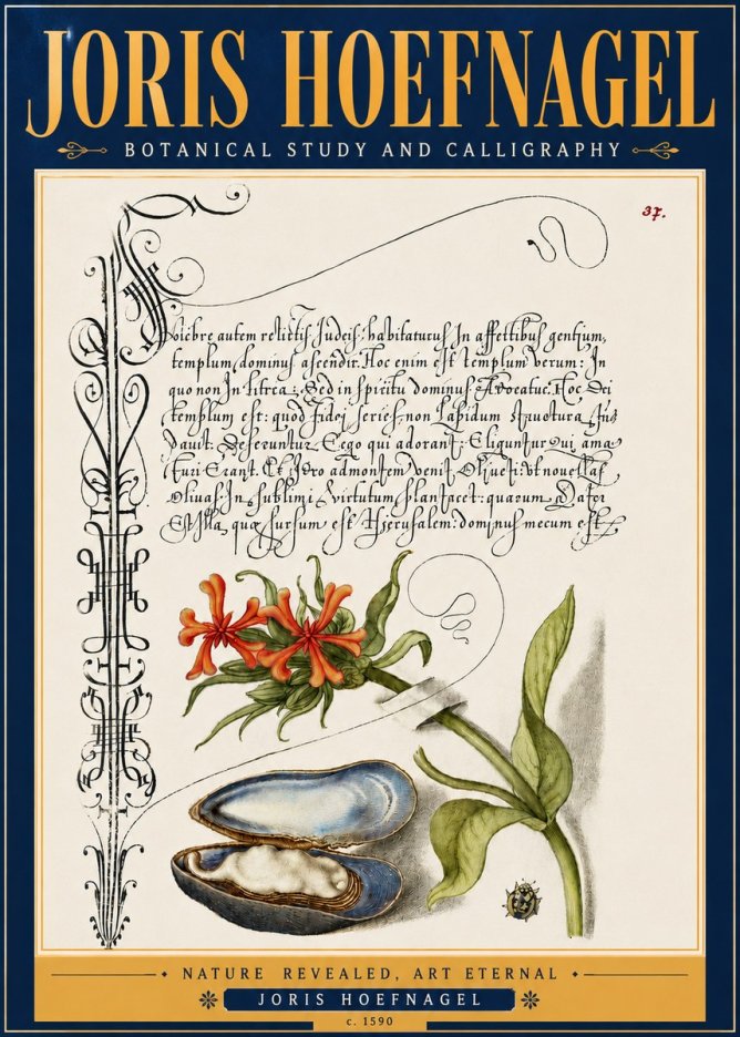 Joris Hoefnagel Botanical Study and Calligraphic Page No6 - Plakát