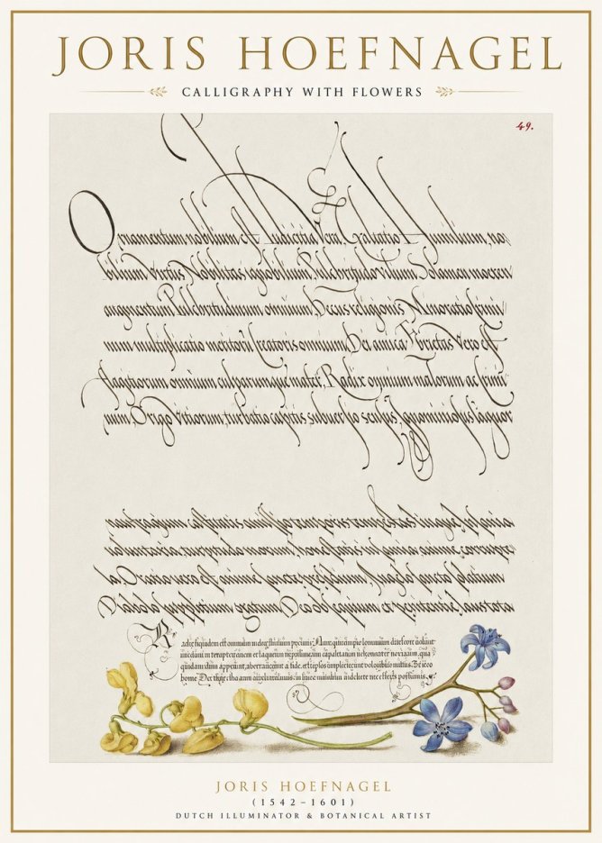 Joris Hoefnagel Calligraphy with Flowers No1 - Plakát