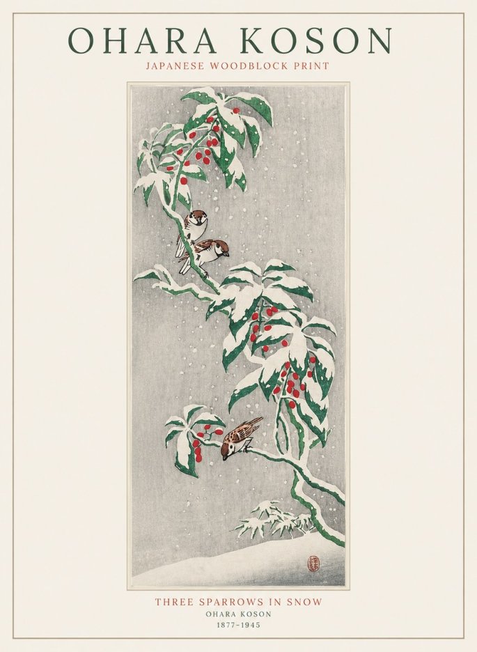 Ohara Koson Three Sparrows in Snow No1 - Plakát