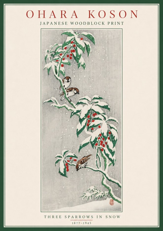 Ohara Koson Three Sparrows in Snow No5 - Plakát
