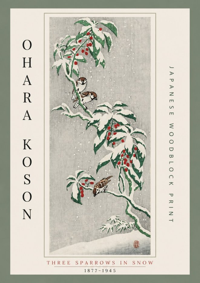 Ohara Koson Three Sparrows in Snow No6 - Plakát