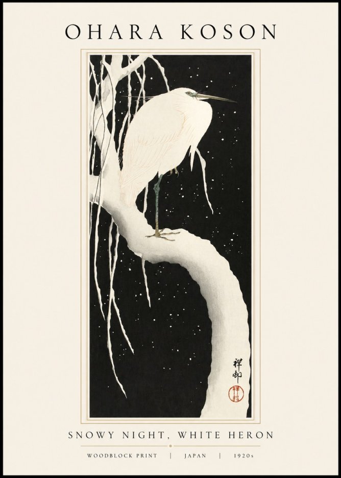 Ohara Koson Snowy Night, White Heron No1 - Plakát