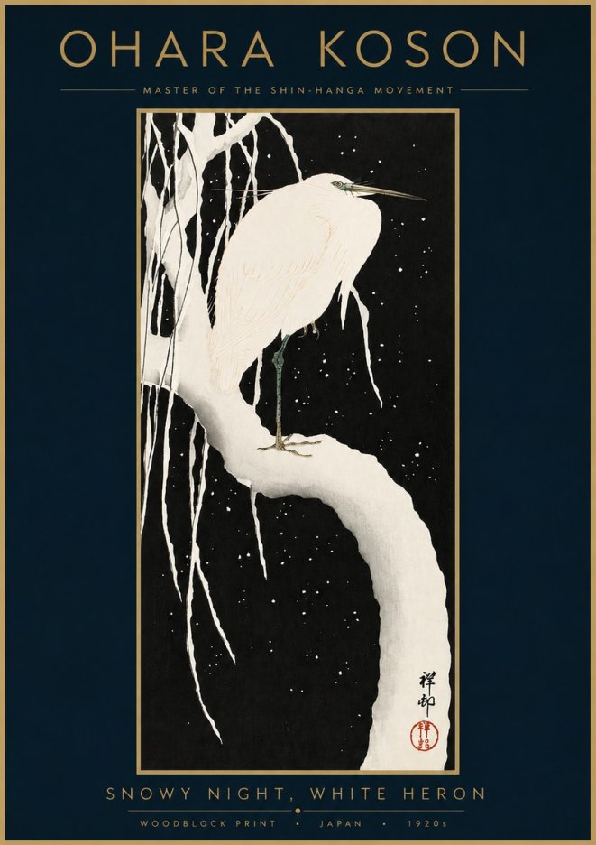 Ohara Koson Snowy Night, White Heron No3 - Plakát
