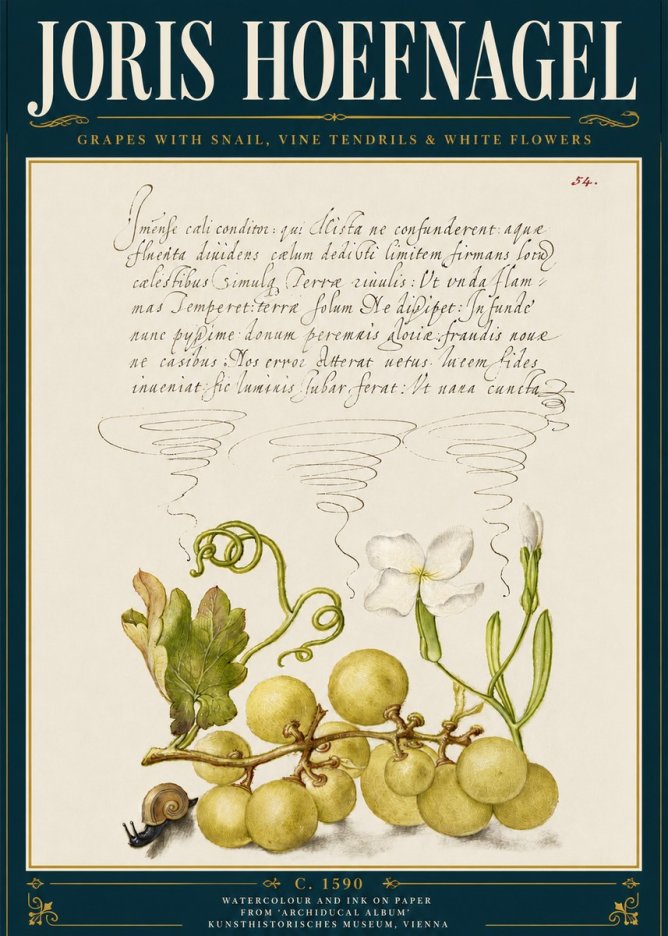 Joris Hoefnagel Grapes with Snail, Vine Tendrils & White Flowers No5 - Plakát