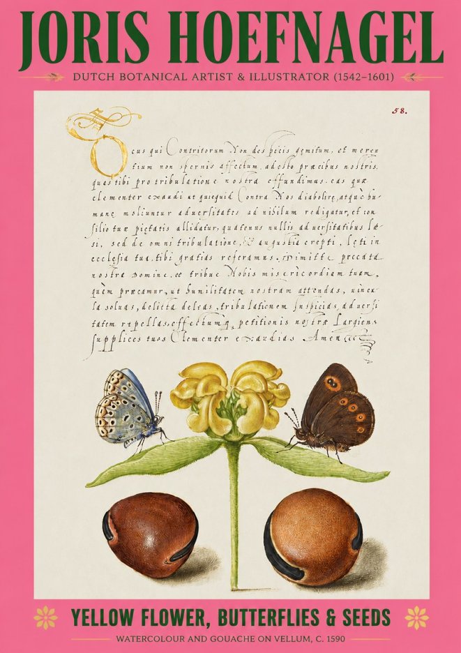 Joris Hoefnagel Yellow Flower, Butterflies & Seeds No2 - Plakát