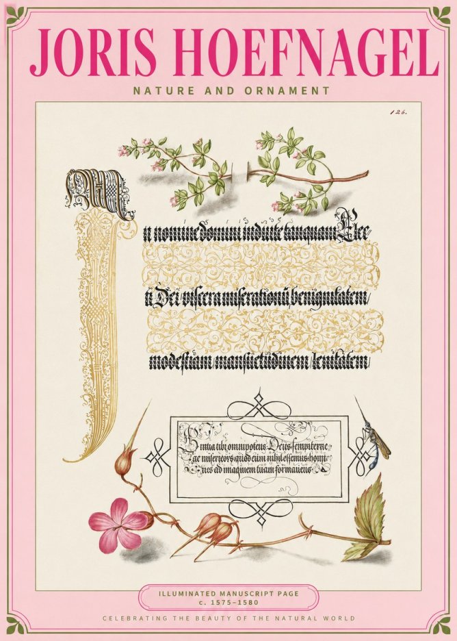 Joris Hoefnagel Illuminated Manuscript Page with Flowers and Insect No2 - Plakát