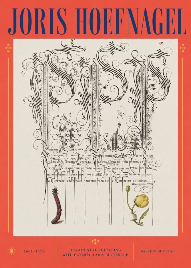 Joris Hoefnagel Ornamental Calligraphy with Caterpillar and Buttercup No3 - Plakát